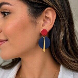 Navy Blue Red Statement Earrings | Modern Polymer Clay Dangle Earrings